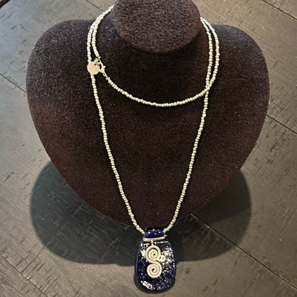 Blue Dichroic Glass Silver Swirl Artisan Long Beaded Energy Necklace Chain